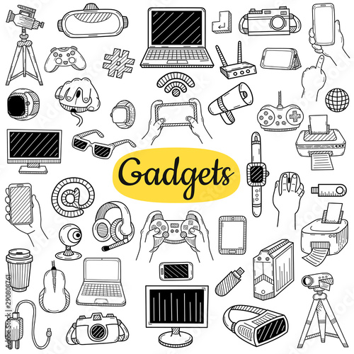 Big collection of gadgets elements. Technology concept. Hand drawn sketch. Vintage vector engraving illustration for poster, web.