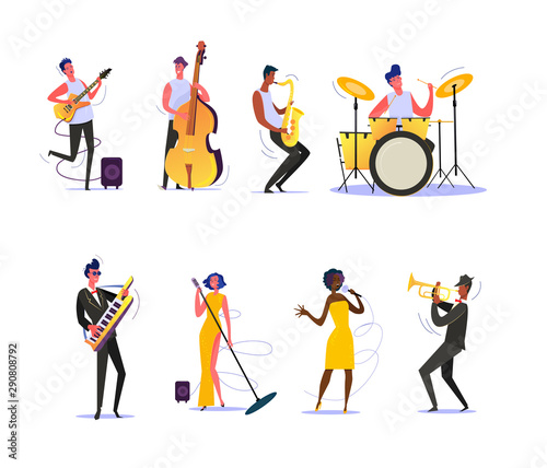 Set of musicians performing on scene. Group of musicians singing and playing musical instruments. Performance concept. Vector illustration can be used for presentation, project, webpage
