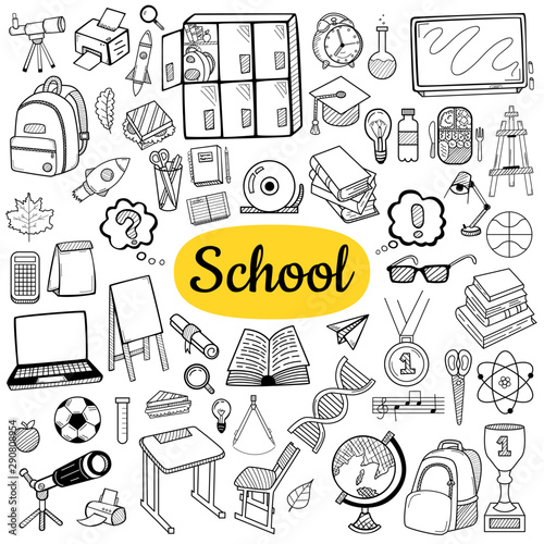 Big collection of school elements. Back to School concept. Hand drawn sketch. Vintage vector engraving illustration for poster, web.