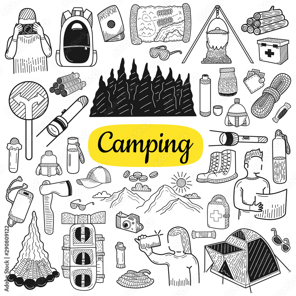 Big collection of camping and hiking elements. Hand drawn sketch ...