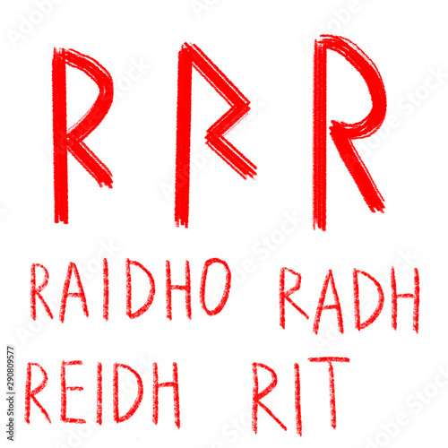 Set of ancient runes. Versions of Raidho rune with German, English and Old Scandinavian titles. Rune Raidho, Radh, Reidh, Rit is symbol of justice, invulnerability and rescue. Senior futark. 
