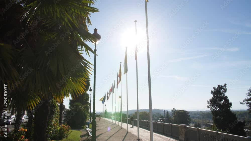 Pyrenees boulevard Pau France palm trees and flag poles famous belvedere sunny day 