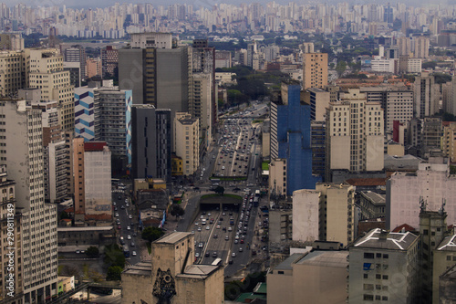 Sao Paulo, Brazil - September 14, 2019: Aerial view of city of Sao Paulo from the Santander's Lighthouse viewpoint. © Luan