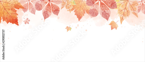 Watercolor drawing of falling red leaves in autumn season. Aim used for wallpaper background and web banner. photo