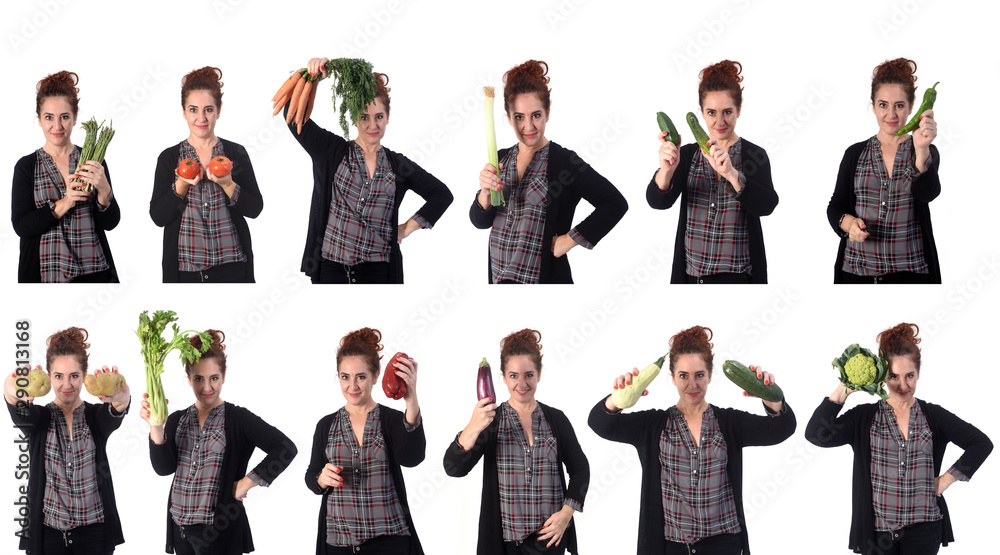 Obraz premium portrait of a woman with different vegetables in white background