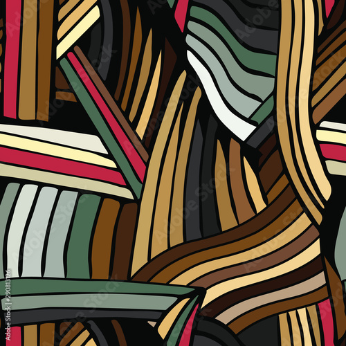 Brown ornamental seamless vector pattern. Colored lines on a black background. Abstract Endless hand drawn doodle texture.