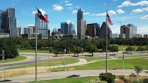 Texas Flag American Flag Austin Texas Skyline Drone 4K photo