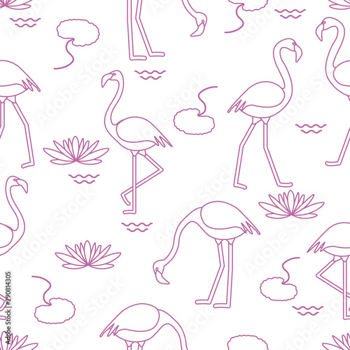 Seamless pattern with flamingo and water lily.