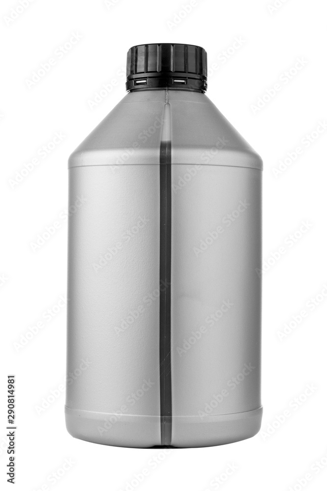 Gray plastic oil canister on a white isolated background with place for text. Gray plastic oil canister on a white isolated background with place for text.