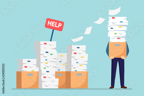 Pile of paper, busy businessman with stack of documents in carton, cardboard box, help sign. Paperwork. Bureaucracy concept. Stressed employee. Vector cartoon design