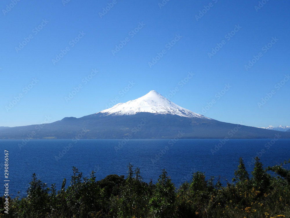 Beautiful view of a volcano with snow and the lake below. Puerto Varas, Chile