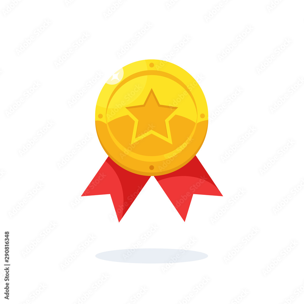 Gold medal with star, red ribbon for first place. Trophy, winner award isolated on background. Golden badge icon. Sport, business achievement, victory concept. Vector illustration. Flat style design