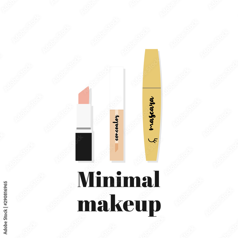 Minimal makeup. Composition with basic beauty products: lipstick, concealer and mascara. Vector illustration, flat design