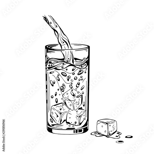 Vector ilustration as liquid is poured into the container. A transparent glass with clean water and ice cubes on the bottom. Cocktail. Cold drink with ice. Summer drink. The sketch is drawn manually.