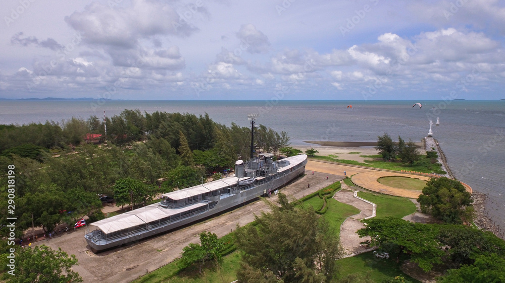 aerial view Remembrance Lhuangprasae Battleship discharge stop on land in Rayong Thailand