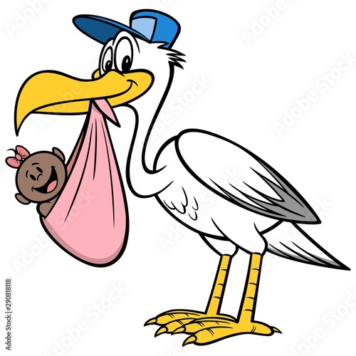 Stork Delivering an African Baby Girl - A cartoon illustration of a Stork Delivering an African Baby Girl.