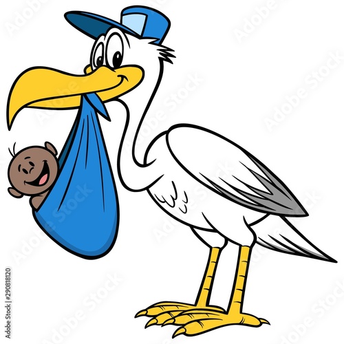 Stork Delivering an African Baby Boy - A cartoon illustration of a Stork Delivering an African Baby Boy.