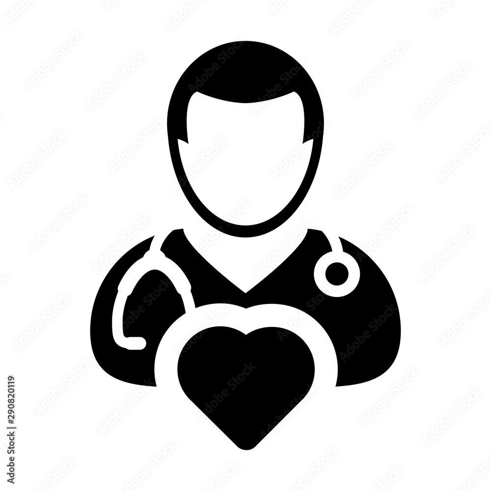 Health icon vector male doctor person profile avatar with stethoscope and heart symbol for cardiologist medical consultation in Glyph pictogram illustration Health icon vector male doctor person profile avatar with stethoscope and heart symbol for cardiologist medical consultation in Glyph pictogram illustration
