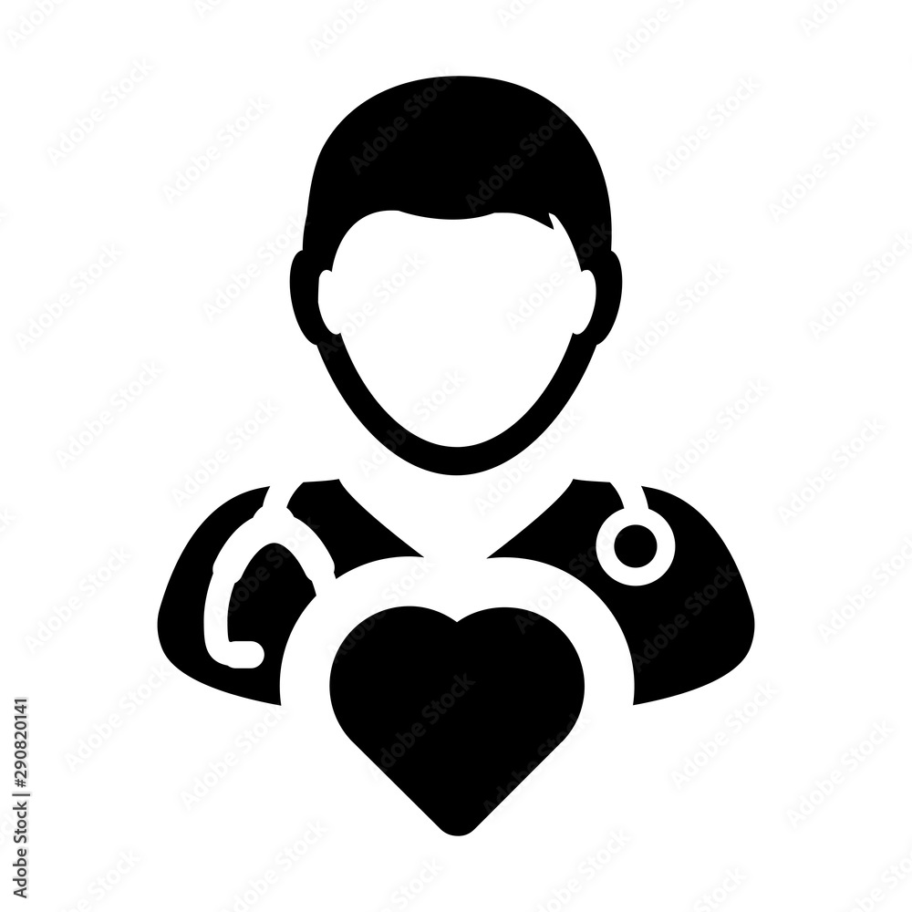 Physician icon vector male person profile avatar with stethoscope and heart symbol for cardiologist medical consultation in Glyph pictogram illustration Physician icon vector male person profile avatar with stethoscope and heart symbol for cardiologist medical consultation in Glyph pictogram illustration