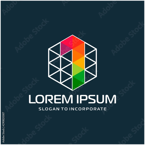 Number 1 one and hexagon logo design, with colorful triangle pixel , technology digital concept - Vector