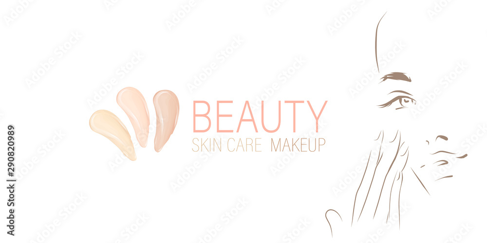 Fototapeta premium Hand-drawn design elements on the theme of beauty: skin care, makeup. Face of young woman. Smears of foundation cream. Vector