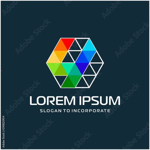 Number 4 four and hexagon logo design, with colorful triangle pixel , technology digital concept - Vector