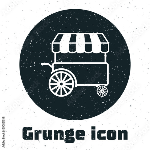 Grunge Fast street food cart with awning icon isolated on white background. Urban kiosk. Vector Illustration