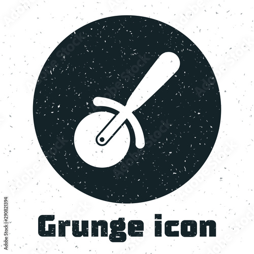 Grunge Pizza knife icon isolated on white background. Pizza cutter sign. Steel kitchenware equipment. Vector Illustration