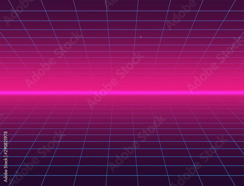 Futuristic Landscape With Styled Laser Grid. Neon Retrowave. Vector illustration.