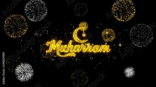 Muharram Text Wish Reveal on Glitter Golden Particles Firework. Greeting card, Wishes, Celebration, Party, Invitation, Gift, Event, Message, Holiday, Festival 4K Loop Animation. photo