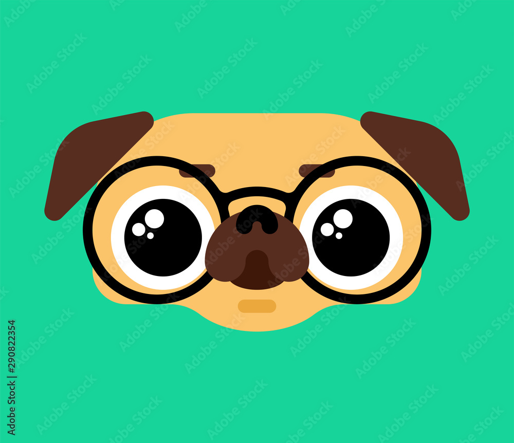 Cute Pug Glasses face. nice dog. Pet vector illustration