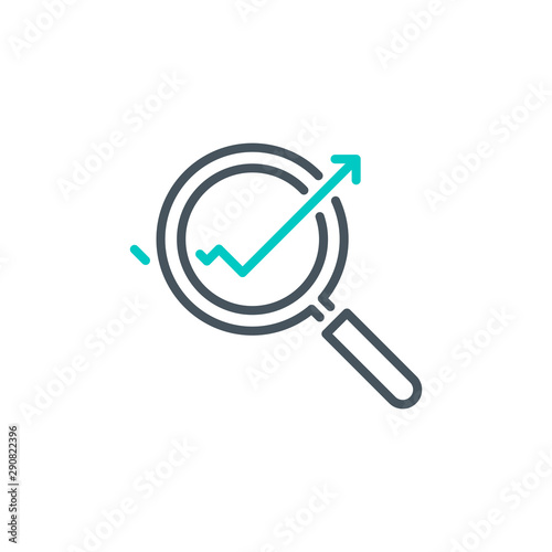 infographics increase with magnifier glass outline flat icon. Single quality outline logo search symbol for web design mobile app. Thin line design logo sign. Loupe lens icon isolated white background