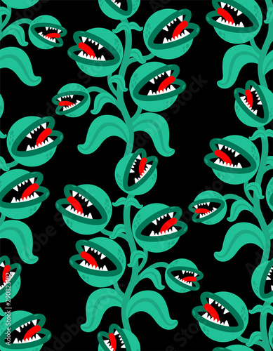Flytrap monster plant pattern seamless. Flower predator Carnivorous plant background . Angry Flowers with Teeth ornament