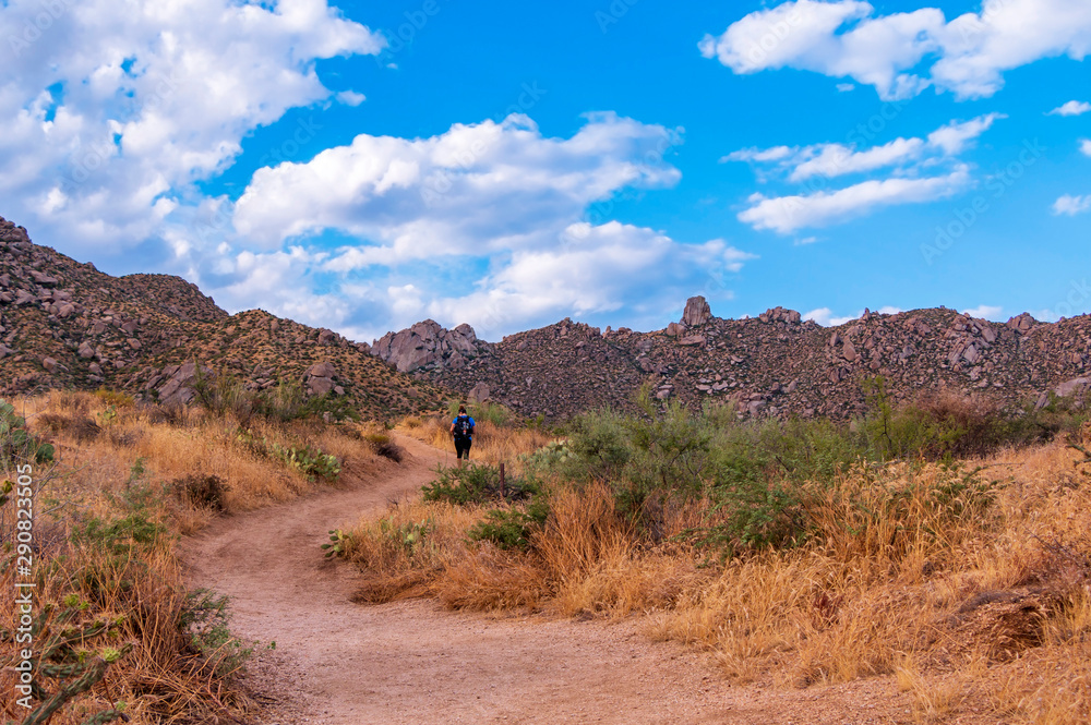Hiker Heading Up Toms Thumb Trail In North Scottsdale