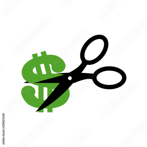 Scissors cut dollar. drop Price or cost
