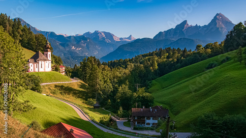 Beautiful alpine view with the pilgrimage church Maria Gern and the famous Watzmann summit near Berchtesgaden - Bavaria - Germany