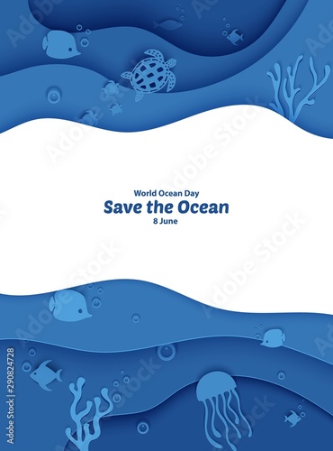 World Oceans Day 8 June. Paper craft depth under water sea cave with fishes, coral reef, seabed in algae, waves. Diving concept, deep blue marine life. Vector sea wildlife.