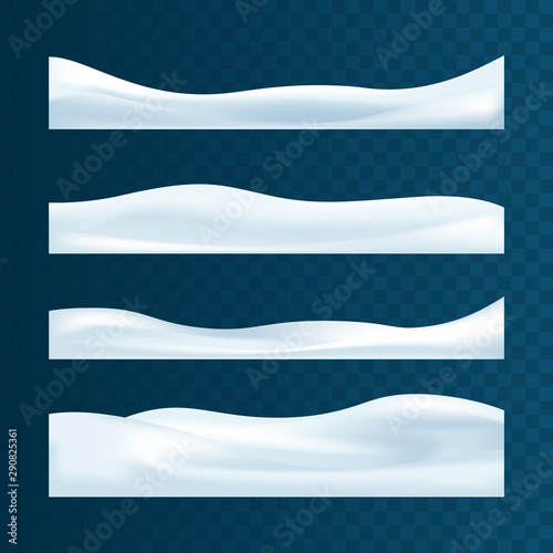 Realistic snowdrifts collection. Winter snowy abstract background. Frozen landscape with snow caps. Decoration for Christmas or New Year. Vector illustration.