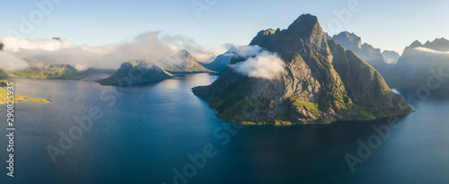 Aerial summer sky panorama  view of  norway mountains, lofoten, vacation travel concept
