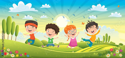 Children Having Fun At Spring Landscape