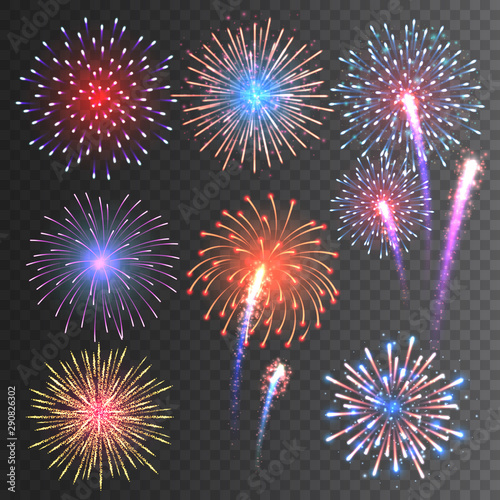 Festive fireworks collection. Realistic colorful firework on transparent background. Multicolored explosion. Christmas or New Year greeting card element. Vector illustration.
