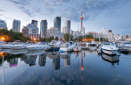 Toronto city skyline at night from harbourfront, Ontario, Canada