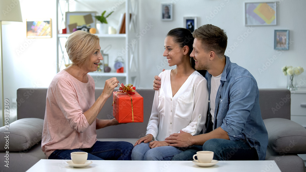 Couple presenting red giftbox to mother-in-law, family relationship, anniversary Couple presenting red giftbox to mother-in-law, family relationship, anniversary