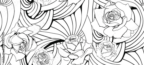 Black and white Seamless abstract hand-drawn pattern with isolated elements. Zen art. Wavy background with roses. Design for relaxation, adult antistress coloring. Print for flyers, wallpaper, cloth. 