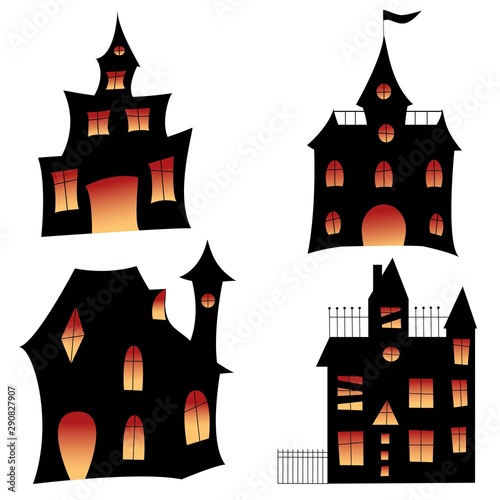 Set of four silhouettes of spooky houses. Icons for halloween cards and posters.