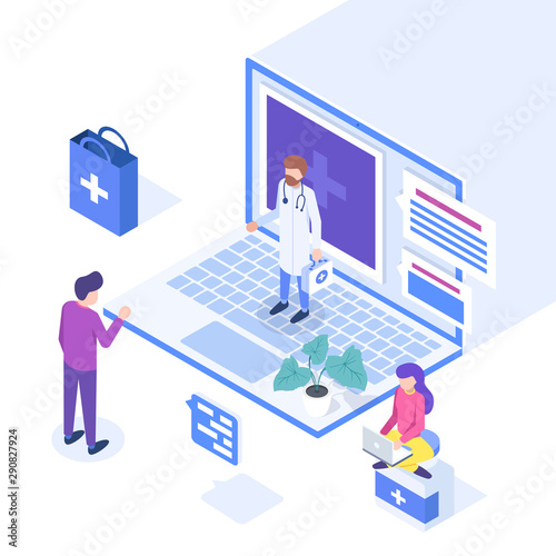 Online doctor concept. Patient and male doctor. Web banner, infographics. Vector illustration.