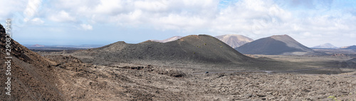 Panoramic picture of the various volcano craters in the national park Parque Nacional de Timanfaya  Lanzarote  Spain