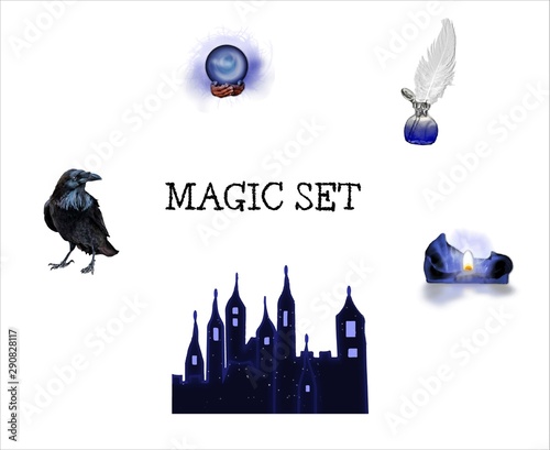 Halloween set with various objects isolated on white background. Vector illustration set of magic icons for your design. Design set of magic objects. Candle, feather, raven, ball, castle.