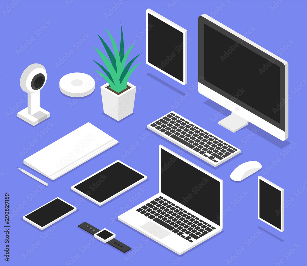 Concept of workplace with computer, laptop, mobile phone, flower and office equipment. On white background. Isometric vector illustration.