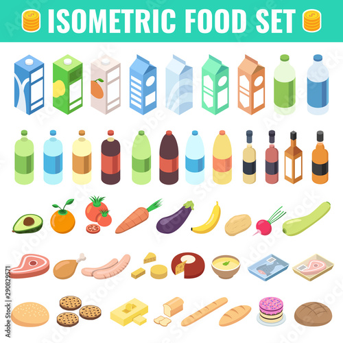 Gastronomy icons set in isometric 3d style. Food and drinks isolated on white background. Isometric vector illustration.